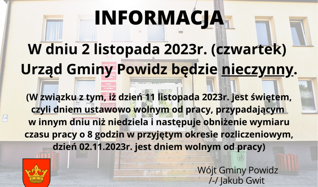 2 listopada 2023r. Urząd Gminy Powidz będzie nieczynny