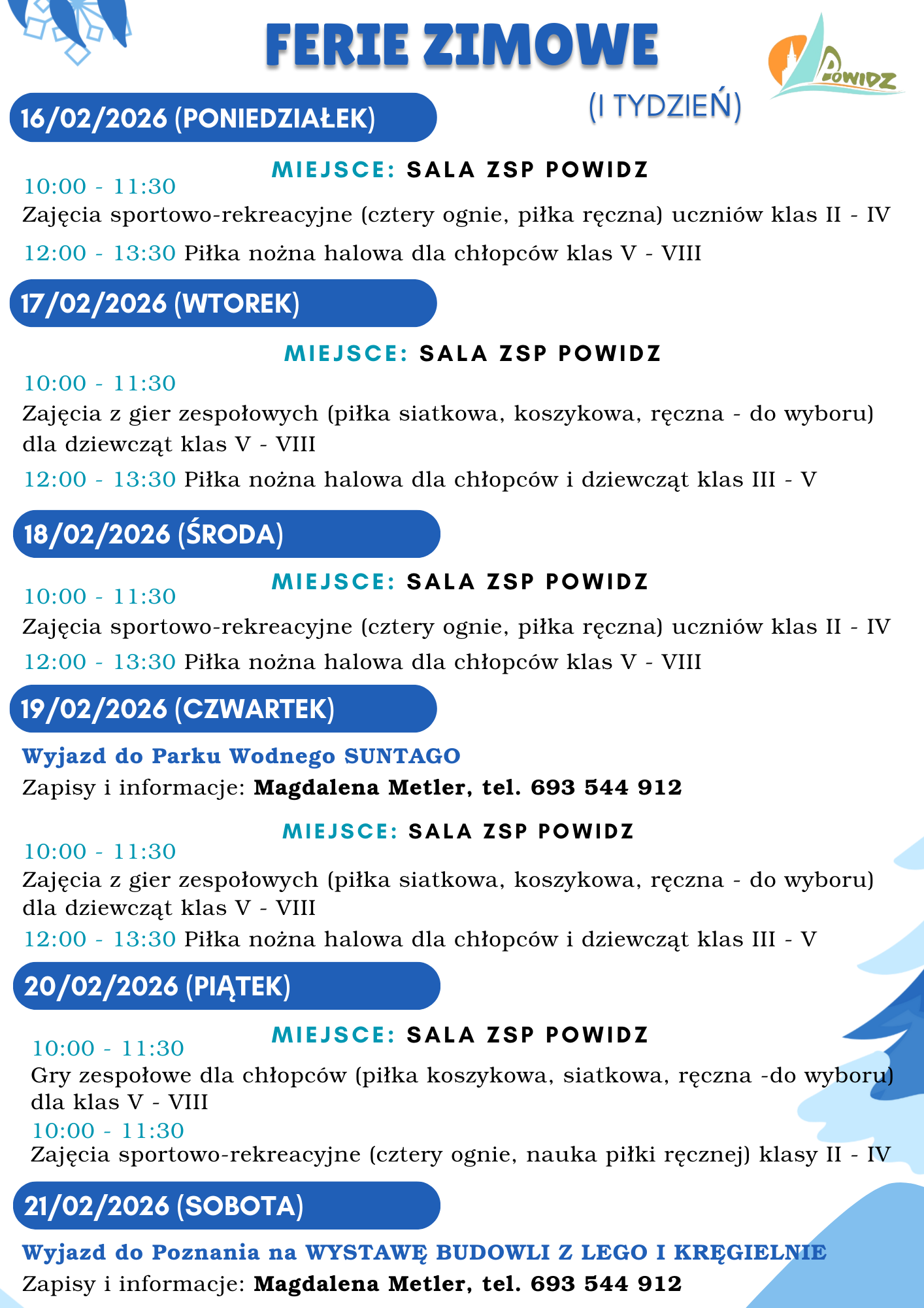 Harmonogram wydarzeń w&nbsp;czasie ferii zimowych 2026